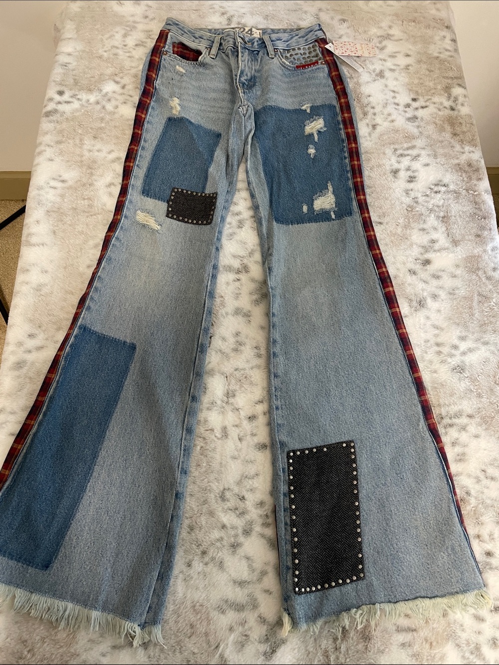 Free People Light Blue Patchwork Flare Jeans with Red Plaid Trim